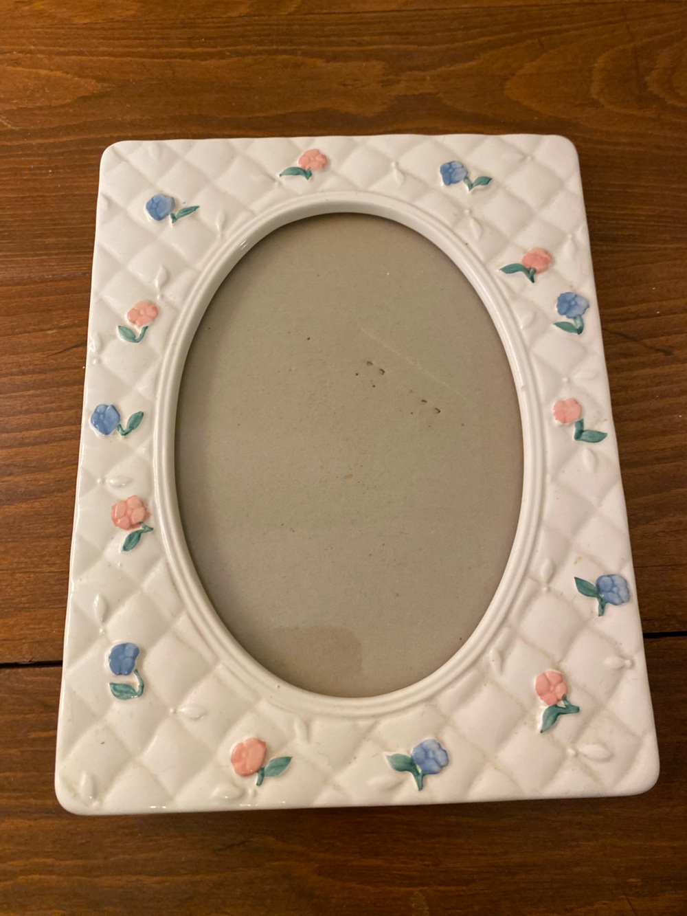 Vintage Ceramic White Coquette Photo Frame W Pink/Blue flowers 5x9”